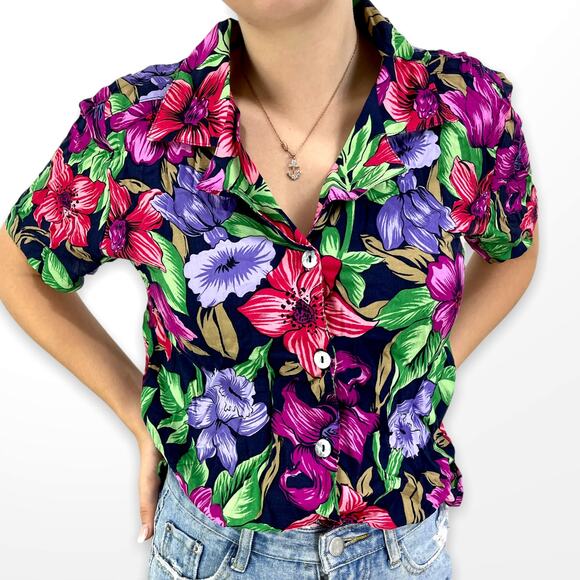 90s NOTATIONS Vintage Floral Print Button Up Top - Picture 1 of 6